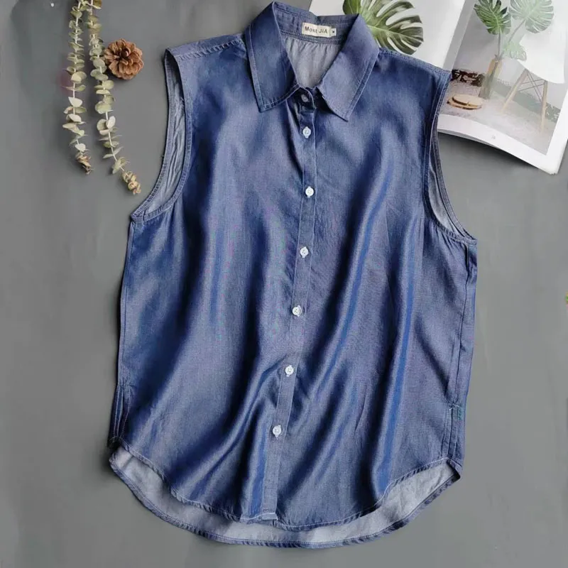 Women's Blue Sleeveless Denim  - Shirt Camp Collar ulasan dan harga