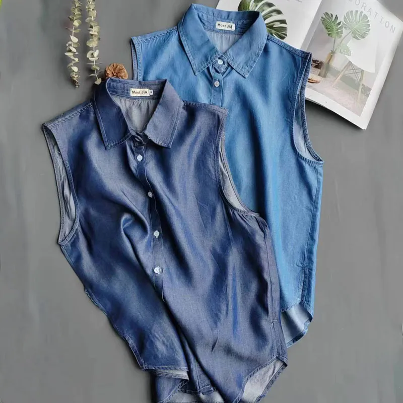 Women's Blue Sleeveless Denim  - Shirt Camp Collar ulasan dan harga