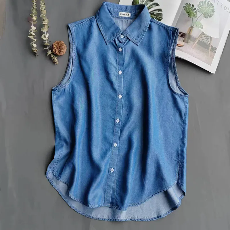 Women's Blue Sleeveless Denim  - Shirt Camp Collar ulasan dan harga